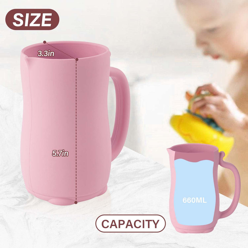 mandoo Baby Bath Rinse Cup - Food Grade Silicone - Shampoo & Body Washing Rinser Cup for Kids with Easy Grip Handle to Rinse Baby Shampoo and Soap - Baby Essentials (Mint+Brush)