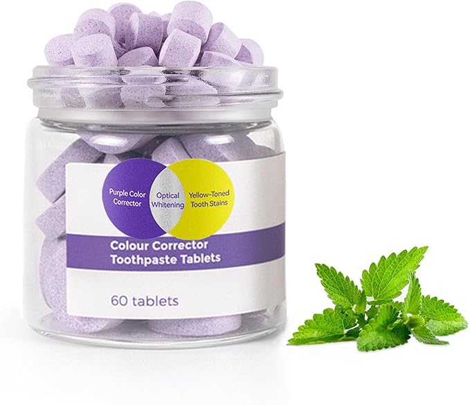 Purple Toothpaste Tabets for Color Corrector, Teeth Whitening, Fresh Breath, Remineralizing Travel Toothpaste Tabs, Enamel-Safe, Fluoride & Plastic Free, 60 Count