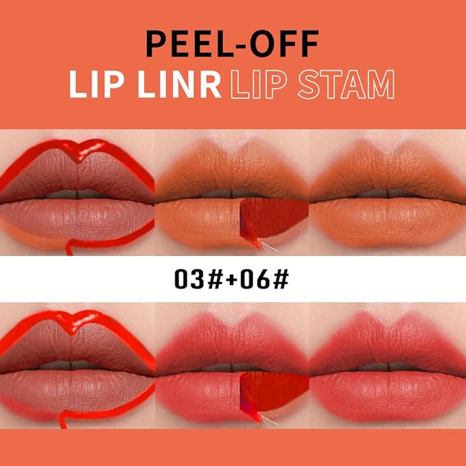 Matte Lip Liner Peel Off Lip Stain, Long Lasting Peel Off Lip Liner Stain, Peel-off Lip Gloss For All Skin Types, Transfer-proof Highly Pigmented Color Waterproof, (03#+06#, Pack of 2)