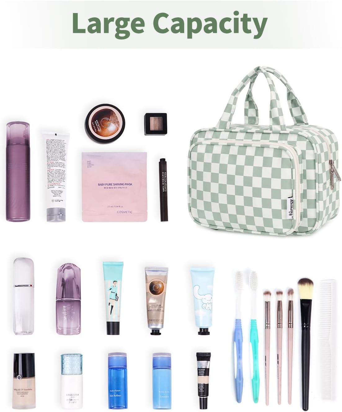 Narwey Large Travel Toiletry Bag for Traveling Women, Cosmetic Makeup Bag Make Up Organizer, Checkered Travel Bag for Toiletries with Handle (Mint Green Checkerboard)