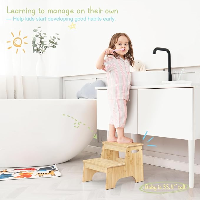 Forbena Wooden Bathroom Step Stool for Toddlers, Heavy Duty Kids 2 Step Stool for Bathroom Sink Kitchen Counter, Bamboo Wood Non-Slip Baby Children Potty Stepping Stool Seat with Handles for Toilet