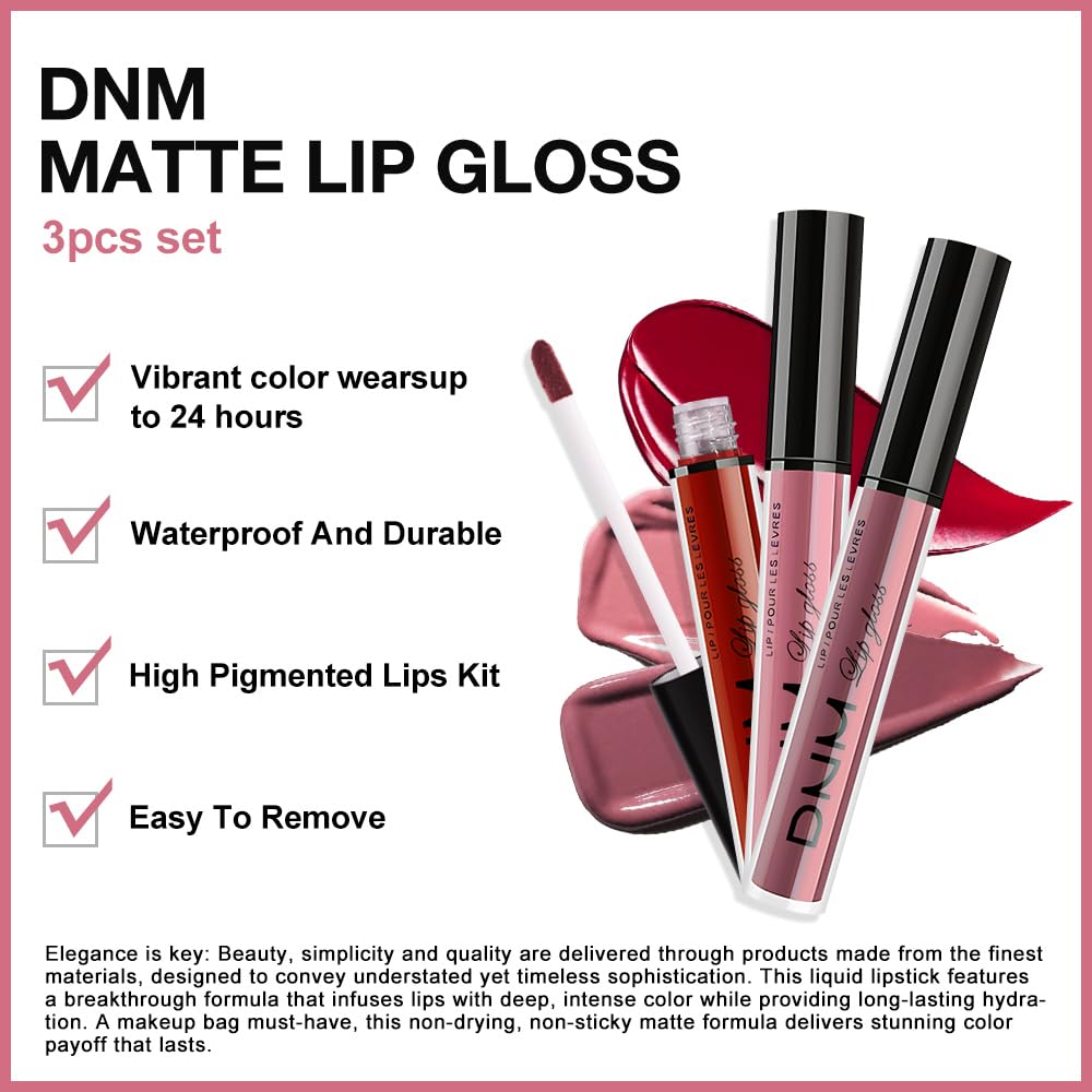 AMY'S DIARY 3Pcs Matte Liquid Lipstick Set, Classic Red Soft Pink Nude Rosewood Mauve Lip Stain Kit, LipStain Long Lasting 24 Non-Transfer Lip Gloss, Waterproof Lip Makeup for Women Lippies