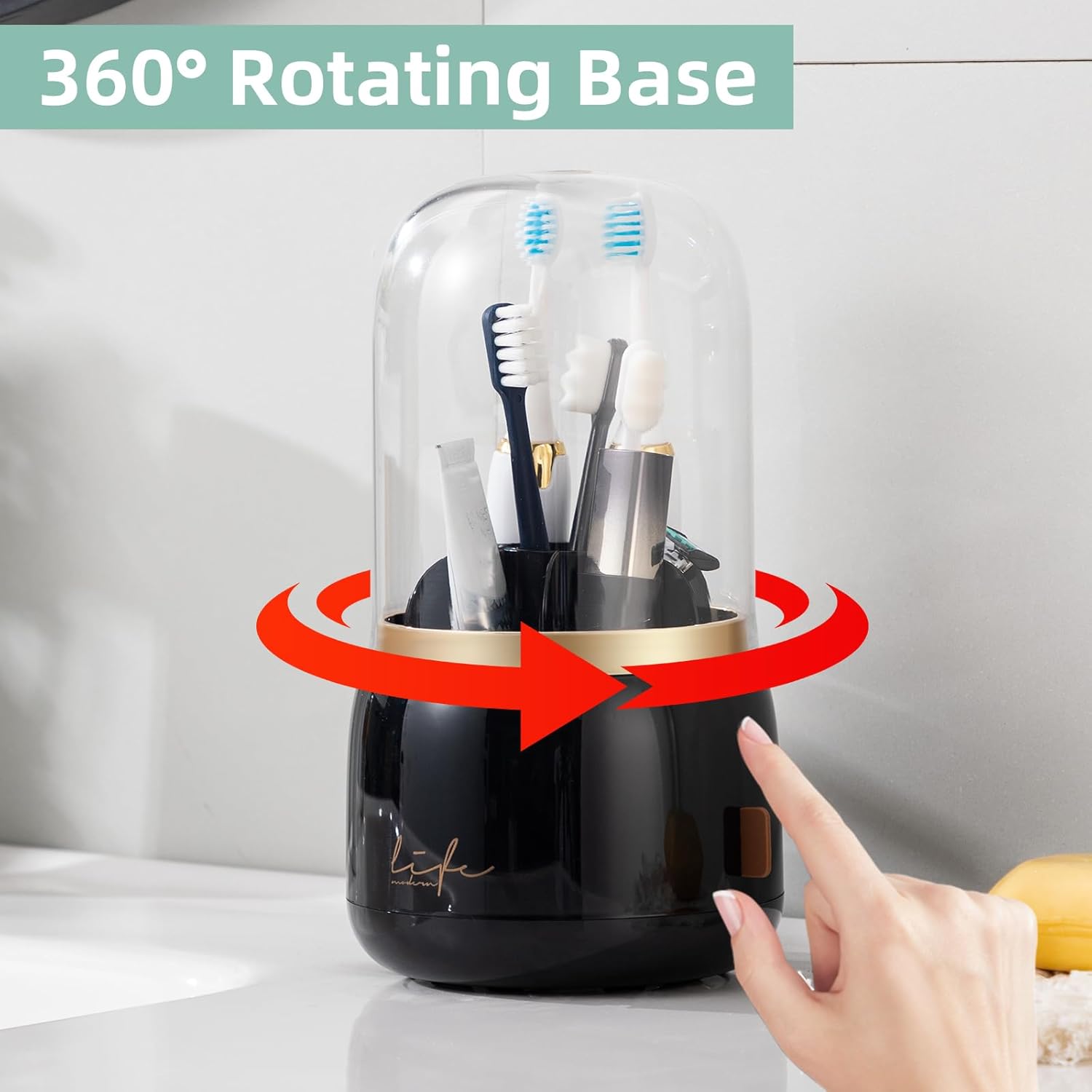 Toothbrush Holders for Bathrooms, Rotating 7 Slots Electric Toothbrush Holders with Cover, Countertop Toothpaste Organizers (Black)