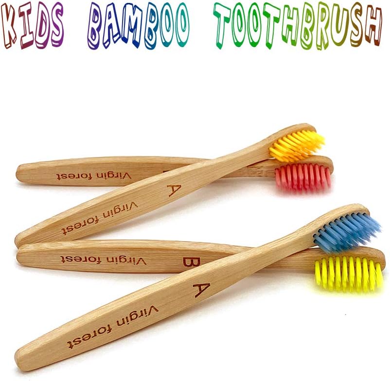 Virgin Forest Kids Bamboo Toothbrushes, Biodegradable Handle, BPA-Free Soft Bristles, Children Size Set of 4 (4 Colors)