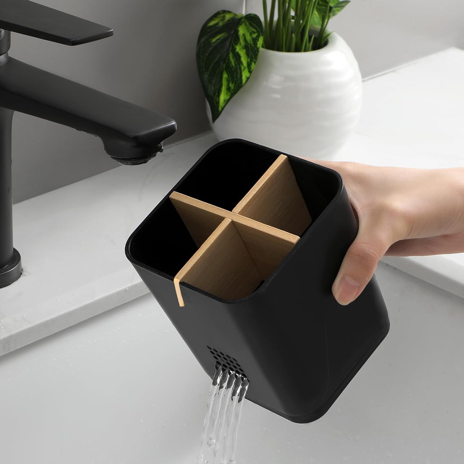 Toothbrush Holders Drainage for Bathrooms, 4 Slots Tooth Brushing Holder with Bamboo Dividers Plastic Electric Toothbrush and Toothpaste Caddy Organizer for Sink, Counter, Shower, Vanity, Black