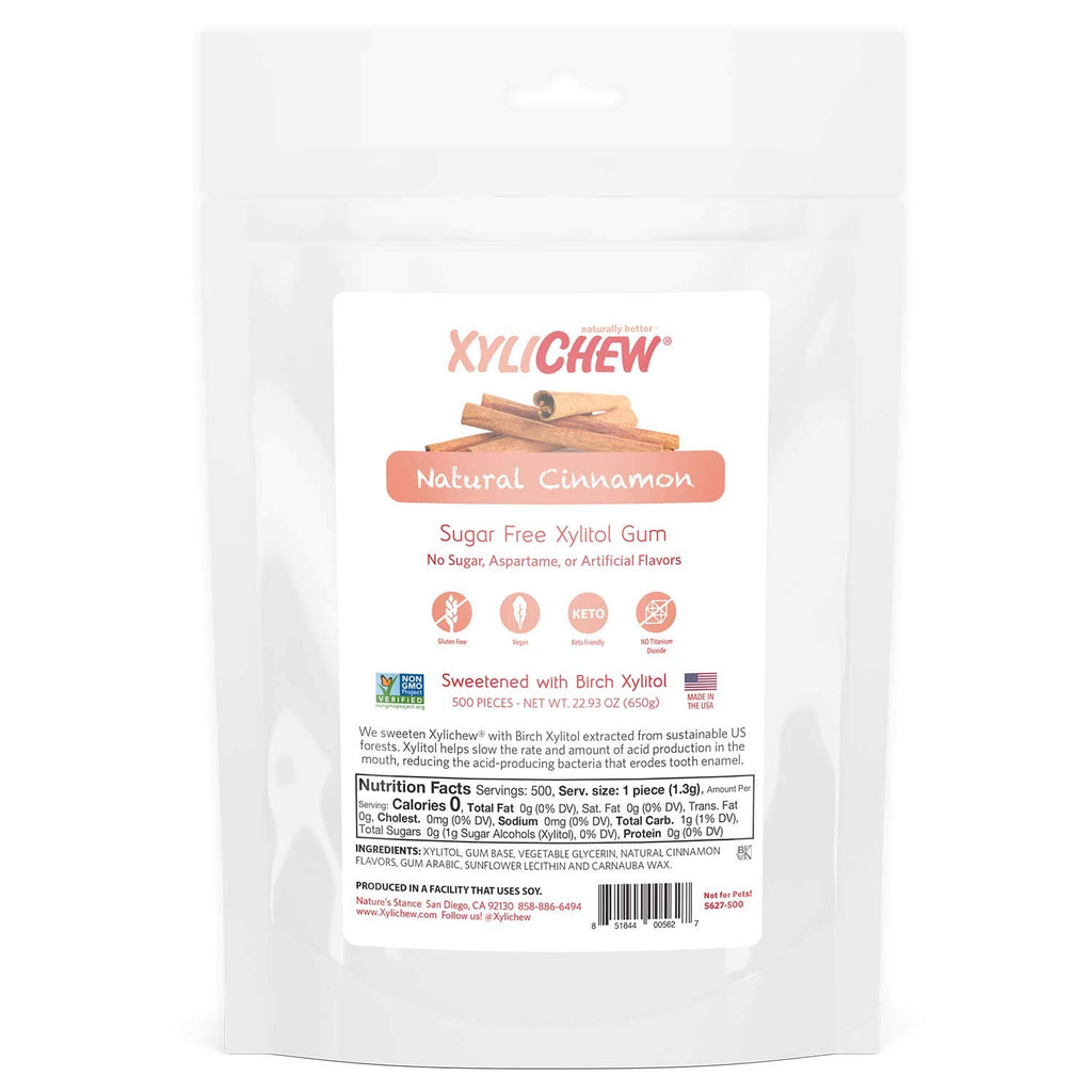 Xylichew 100% Xylitol Chewing Gum - Non GMO, Non Aspartame, Gluten Free, and Sugar Free Gum - Natural Oral Care, Relieves Bad Breath and Dry Mouth - Cinnamon, 500 Count