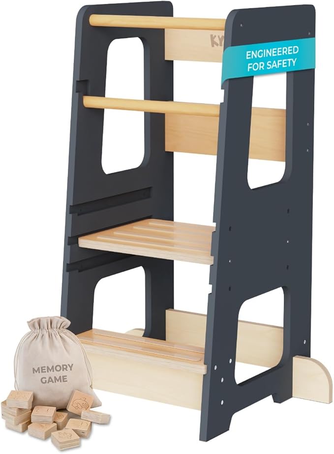 KYWAI® Toddler Kitchen Stool Helper, Adjustable Standing Tower with Safety Rails, Anti-Tip Design & Non-Slip Stickers, Sustainable Product with Extra Memory Game Made from Leftover Wood (Grey Blue)
