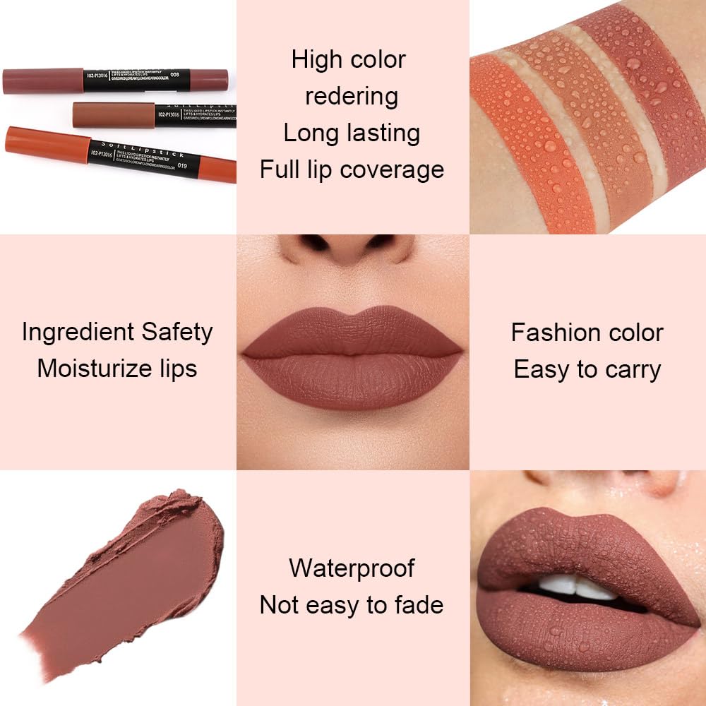evpct 1Pcs Dark Brown Matte Lipstick and Lip Crayon Liner Pencil Pen Set for Women Roll up Lip Liner Dark brown Lip Stain Long Lasting Waterproof labiales mate magicos 24 horas originales 08