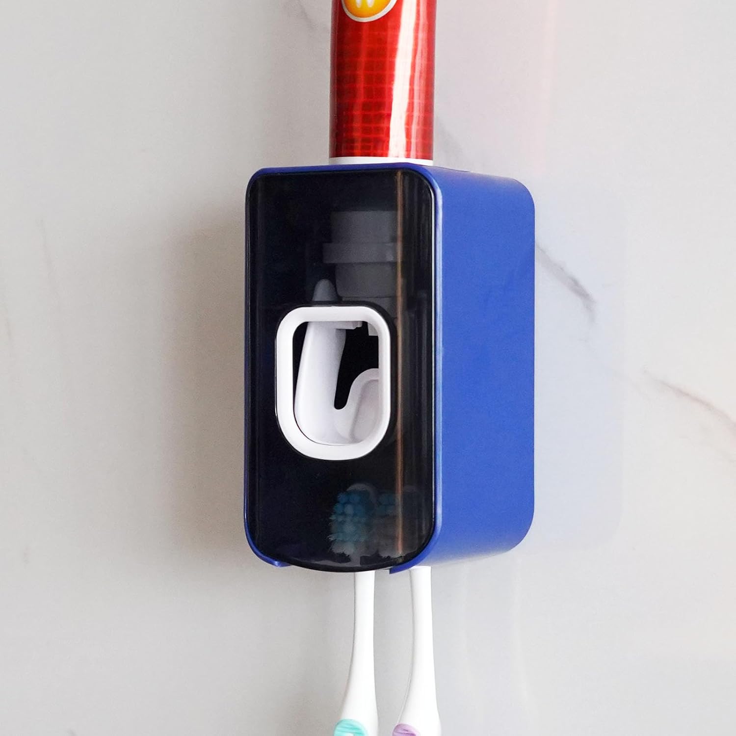 2 Slot Toothbrush Holder and Toothpaste Dispenser Wall Mounted, Automatic Toothpaste Squeezer, 2 in 1 Tooth Brush Toothpaste Organizer for Shower (Dark Blue)