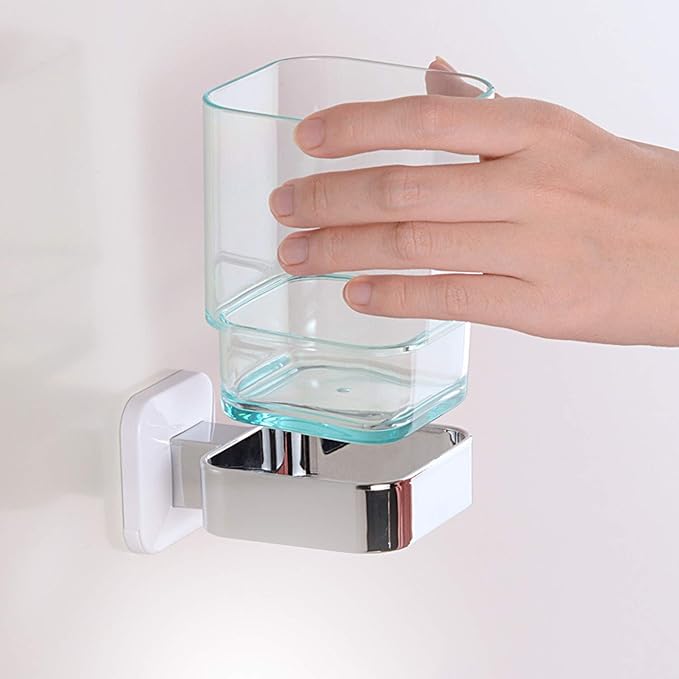 Wall-Mounted Tumbler and Toothbrush Holder, Wall Mounted Adhesive Hanging Electric Toothbrush Organizer Stand for Bathroom, No Drilling Required (Blue+Chrome, 3.93"X3.93"X2.97")