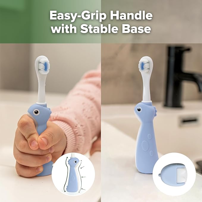 haakaa Dinosaur Toothbrush for Kids 2-4 – Soft Bristles Baby Toothbrush with Silicone Handle, Non-Slip Grip & Tongue Cleaner | BPA-Free, Fun Training for Toddlers - Blue, 1 Count