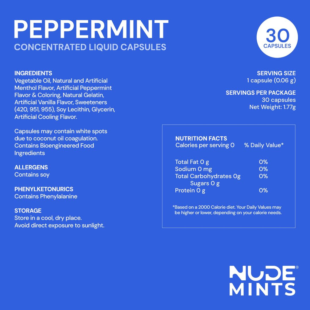 NUDE MINTS | Dual Action Liquid Capsules | Mouth Watering Mint - Lasts 3X Longer - 3X Stronger - Extreme Bad Breath Treatment For Adults - Sugar Free, 0 Calorie - Peppermint - 5 Pack - 150 Capsules