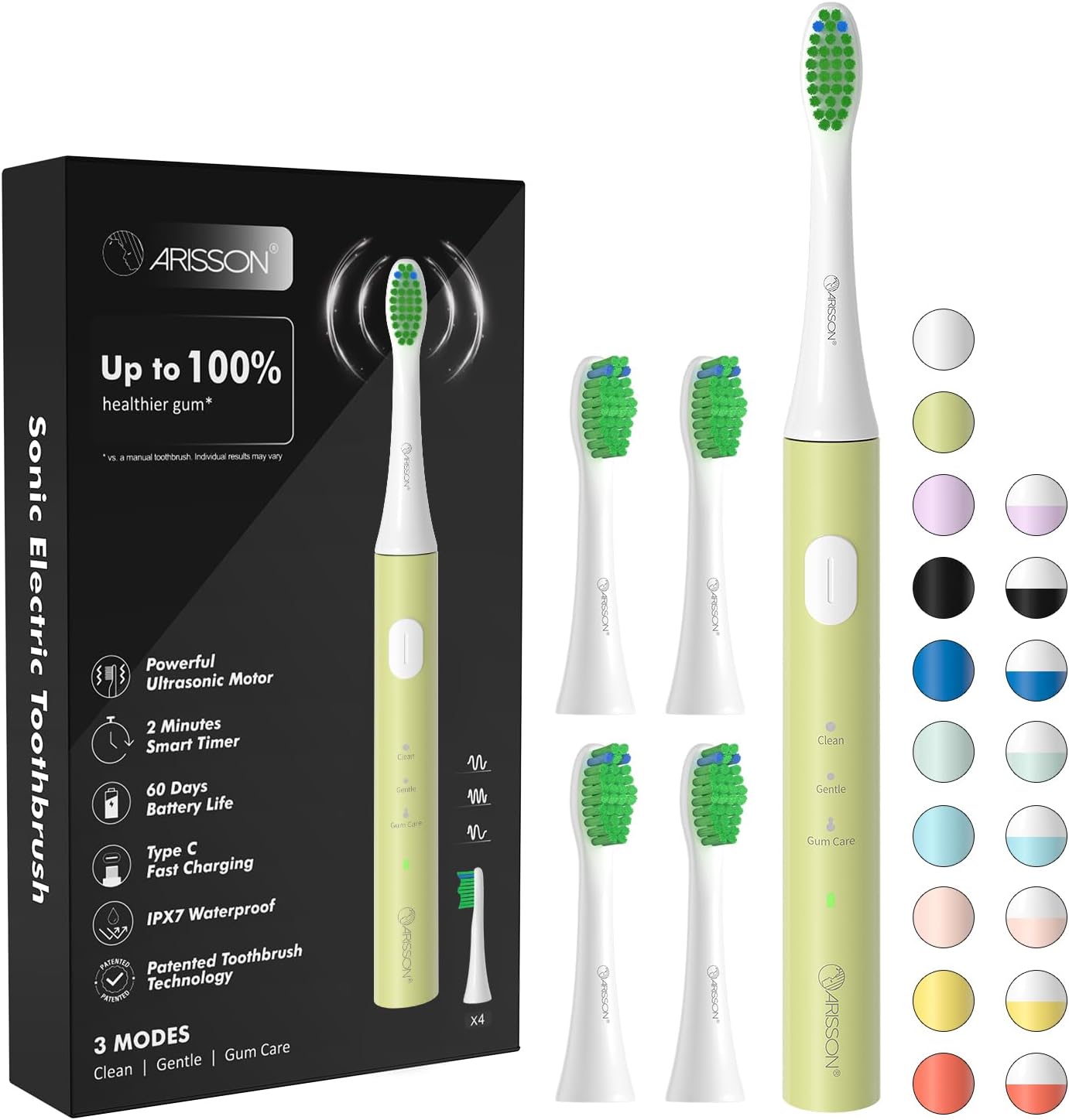 ARISSON Sonic Electric Toothbrush for Adults and Kids, 40,000 VPM Power Toothbrush, 1.5H Fast Charge Ultrasonic Electric Toothbrushes with 2 Minutes Smart Timer, White on Lime Green