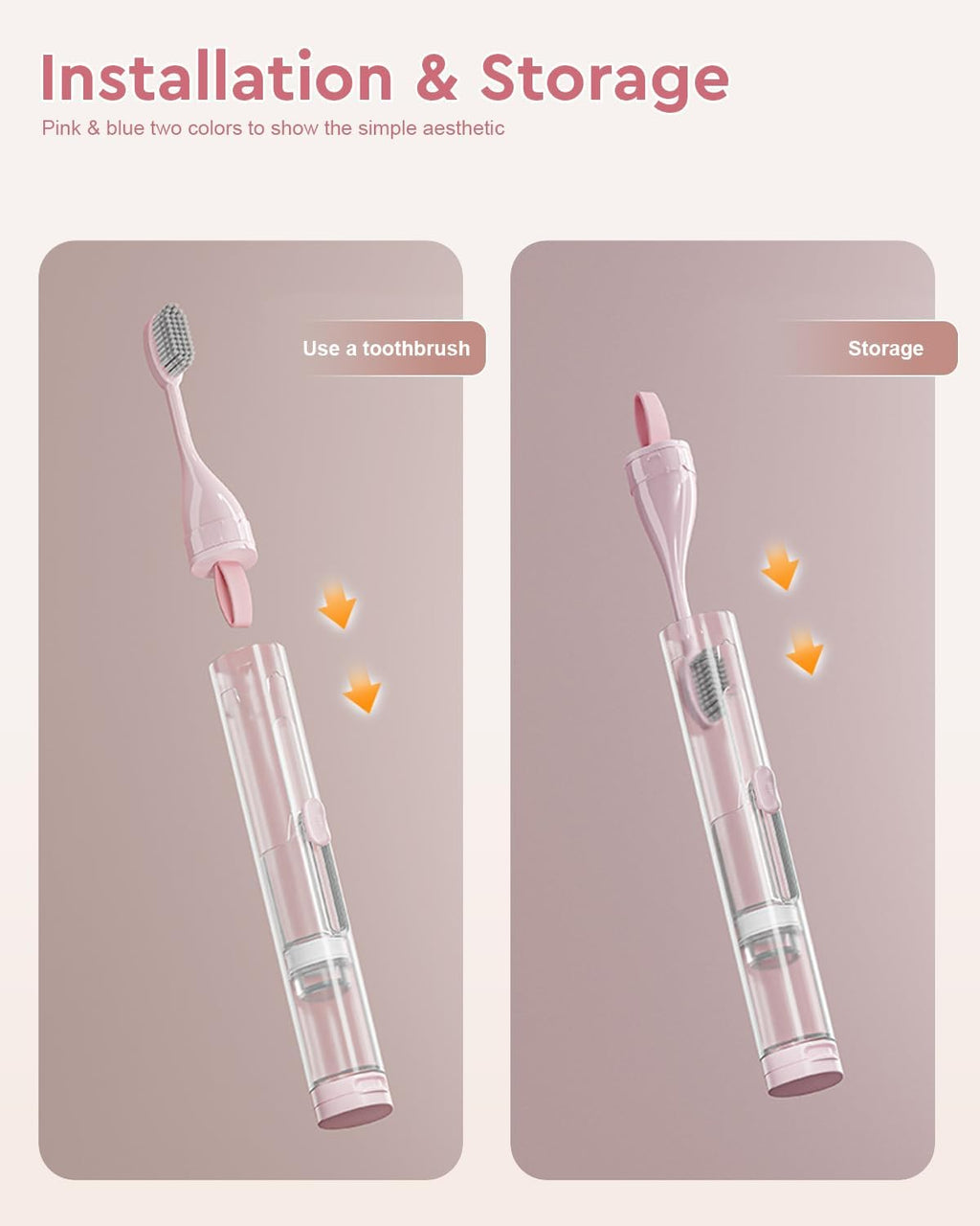 2 Pcs Travel Toothbrush Kit Fold Built-in Toothbrushes Set, Soft Bristles for Travel Camping School Business Trip Essential (Blue, Pink)