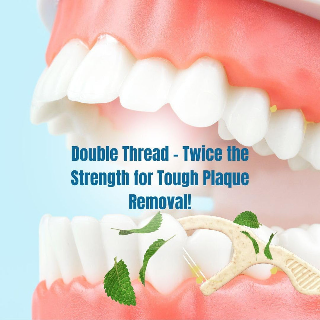 Twin Line Biodegradable Floss Picks (220 Count) - Compostable Tooth Flossers Minty Fresh-Double Thread 2X The Clean | Bonus Travel Case | Thing Thread Glide Easy & Shred-Resistant