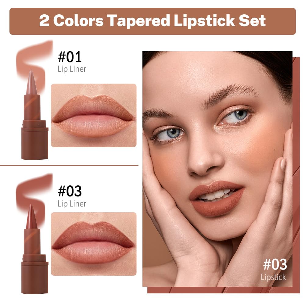 2in1 Gradient Lip Liner & Lipstick Combo,Matte Longwear Waterproof Lip Pencil with Cone Tip,Smudge Proof Crayon for Flawless Ombre Contour,Women's Long Lasting Makeup Set(01Nude Beige+03Rosewood Kiss)