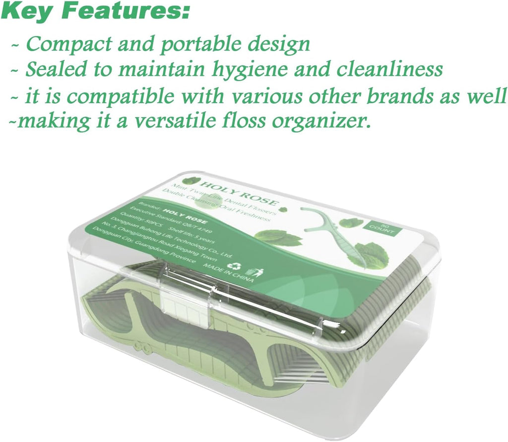 Holy Rose Dental Floss Picks Portable Case 2 Box with Twin-Line Flossers 100 Count,Mint Flavor,Dual Action Flossing Clean System,50 Count/Boxs,Easy Storage.