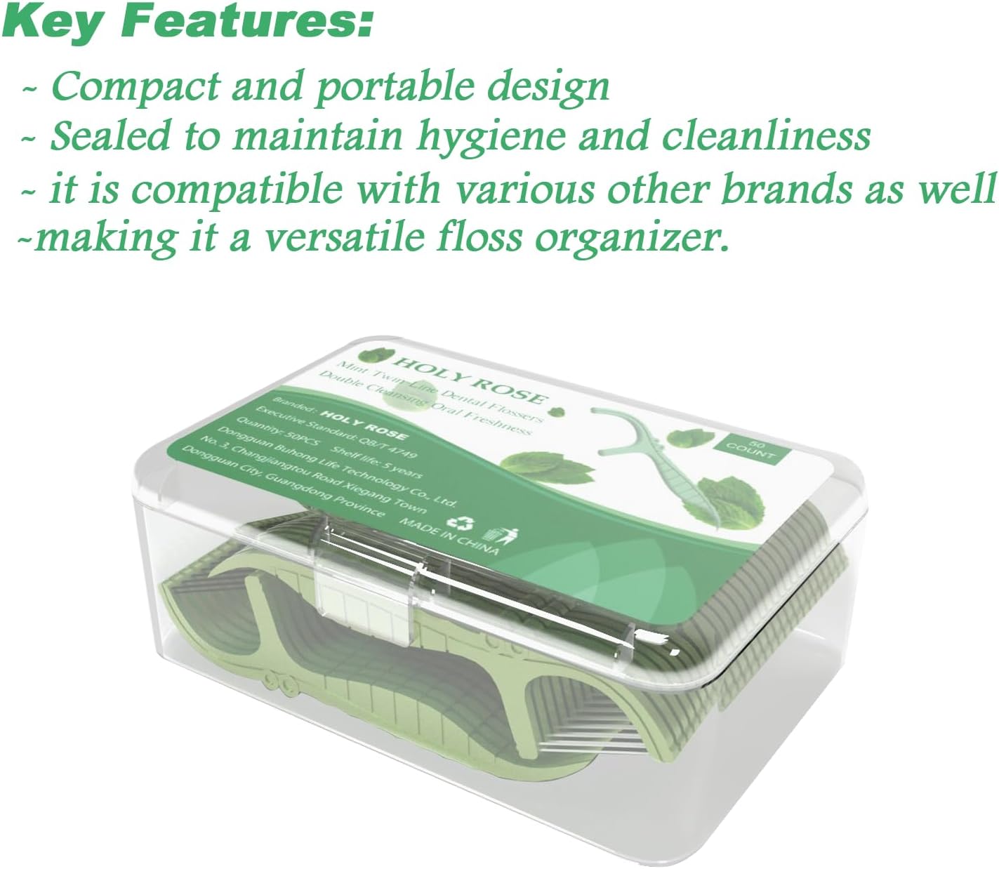 Holy Rose Dental Floss Picks Portable Case 2 Box with Twin-Line Flossers 100 Count,Mint Flavor,Dual Action Flossing Clean System,50 Count/Boxs,Easy Storage.