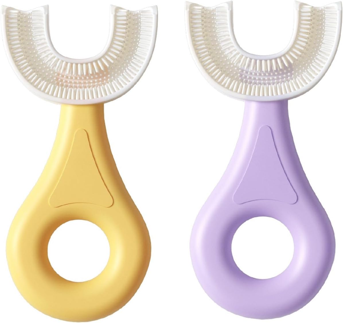 Kids' U Shaped Toothbrush Age 2-6 - Two Premium Soft Toothbrushes Come with 2 Travel Cases - Sensory Toothbrush - Round Silicone Toothbrush Head Makes Brushing Fun & Easy - 1 Purple, 1 Yellow