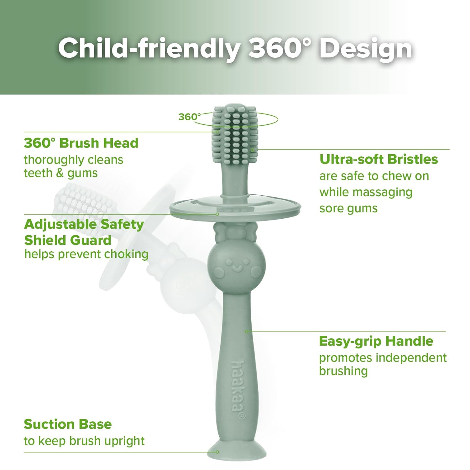 haakaa 360° Baby Toothbrush with Suction Base - Gentle Cleaning for Infant Self-Brushing Training, Food-Grade Silicone, Adjustable Safety Shield - Pea Green (1 Piece)