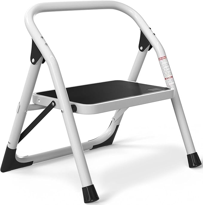 1-Step Ladder Folding Step Stool with Anti-Slip Sturdy and Wide Pedal Stepladder Multi-Use for Home and Kitchen Space Saving (White)