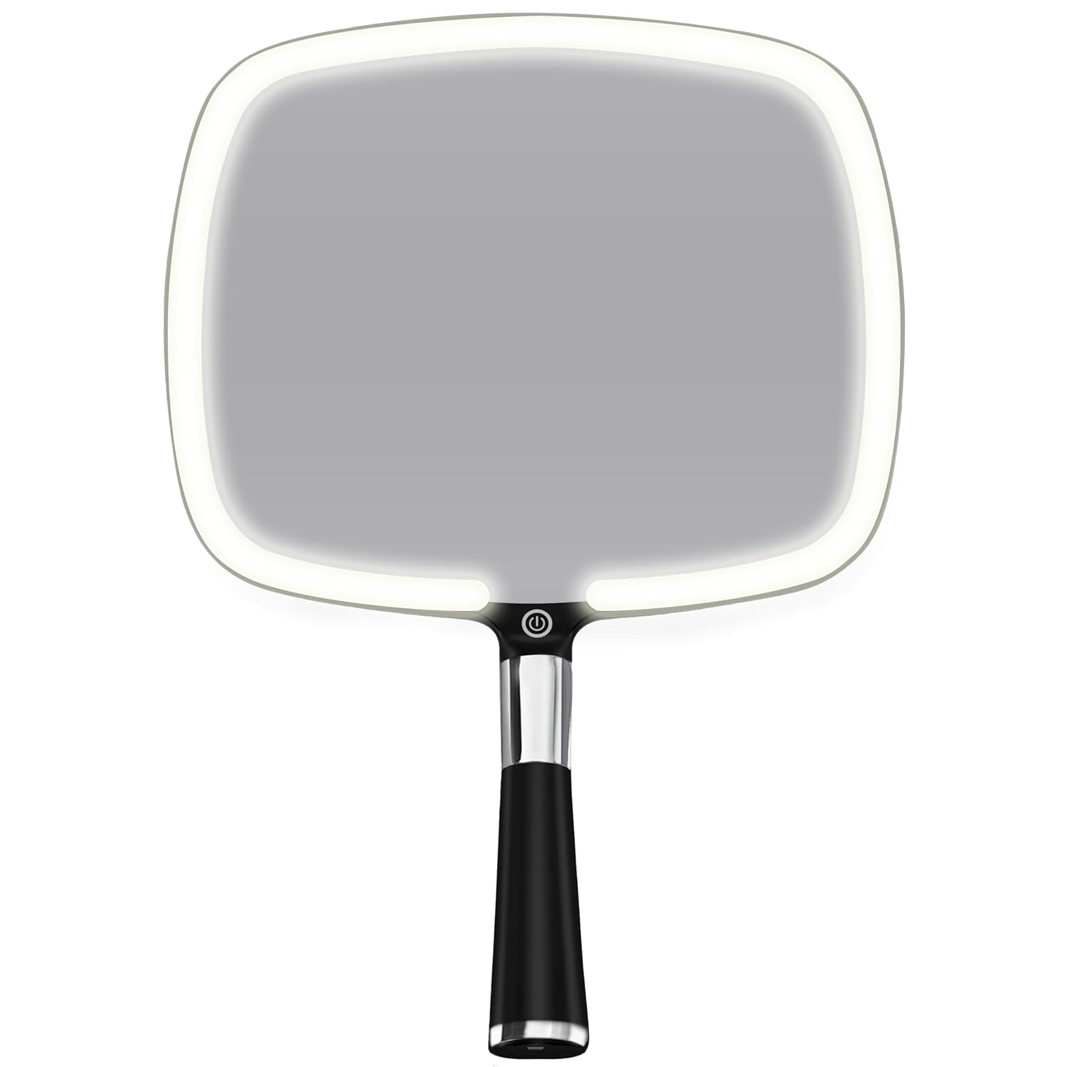 MIRRORVANA Lighted Travel Makeup Mirror - 2 in 1 Handheld & Tabletop LED Mirror with 3 Light Modes, Detachable Stand, and Comfy Handle - 9" x 13" (Black)