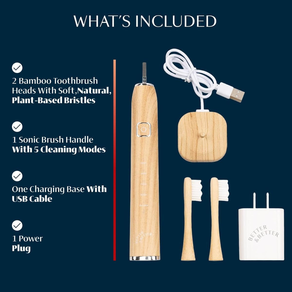Better & Better Sonic Bamboo Electric Toothbrush for Adults | Rechargeable Electric Bamboo Toothbrush w/Plant-Based Bristles | Soft Brush Heads incl. | 5 Cleaning Modes & Long-Lasting Battery