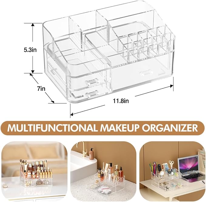 Makeup Organizer for Vanity, Acrylic Large Desk Organizer with Drawers, Ideal Vanity Holder for Cosmetics, Lipsticks, Nail Polish, Skincare, Countertop, Bathroom, Dresser