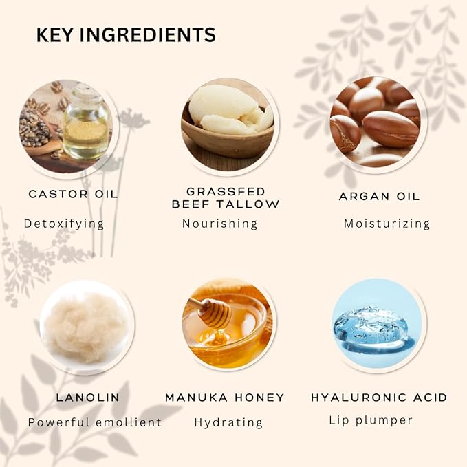 All natural lip balm - for dry, chapped, sensitive lips | with grassfed tallow, Castor oil, CoQ10, Hyaluronic Acid and Silk - Ultra Moisturizing, Conditioning, Organic (0.4 fl oz/12 mL) (Untinted)