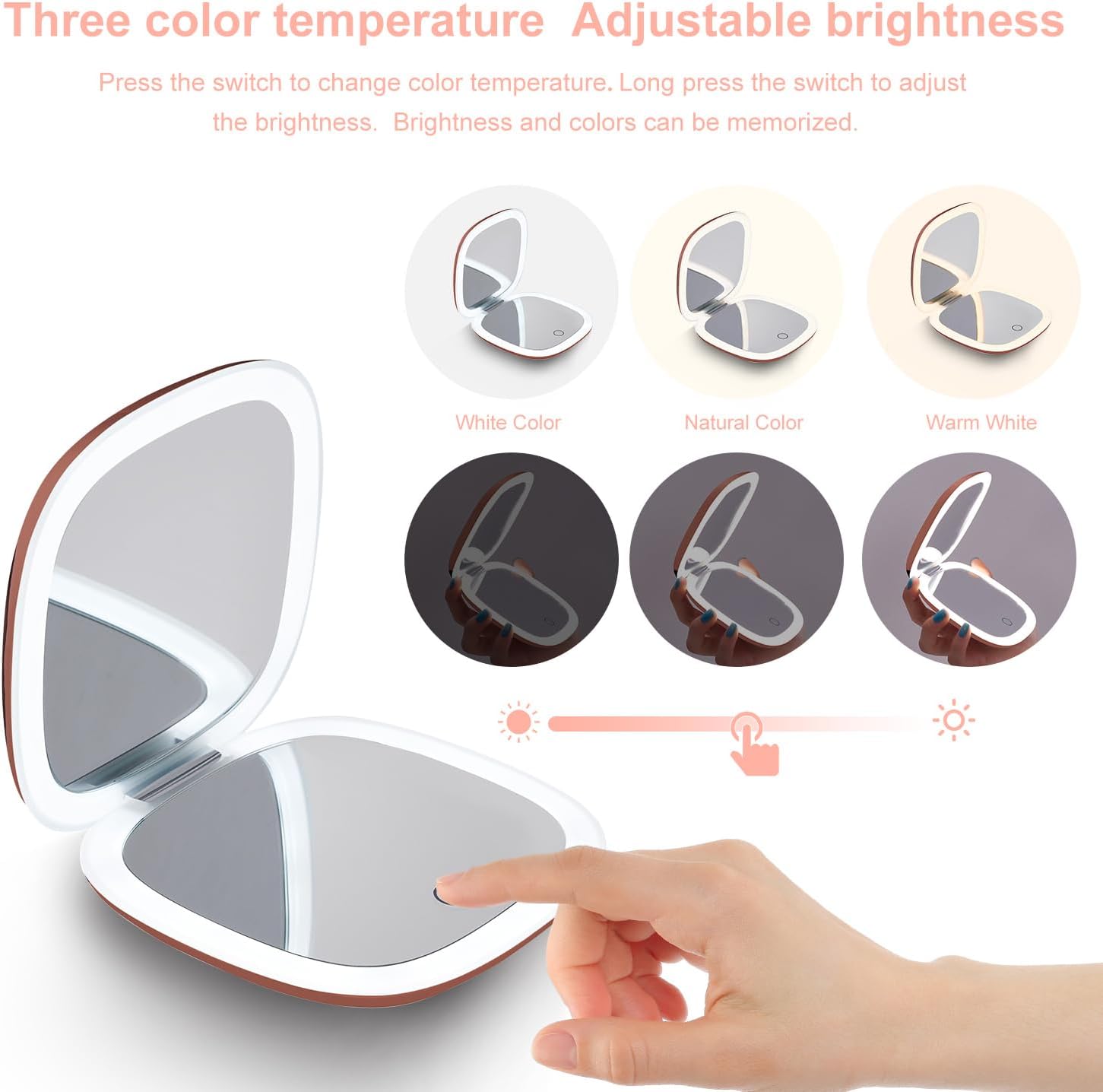 Mocado Compact LED Travel Makeup Mirror - 4 Inches 1X/10X Magnification Travel Mirror with Light Dimmable Double Sides Lighted USB Rechargeable Compact Mirror for Purse,Pocket,Travel(Rose Gold)