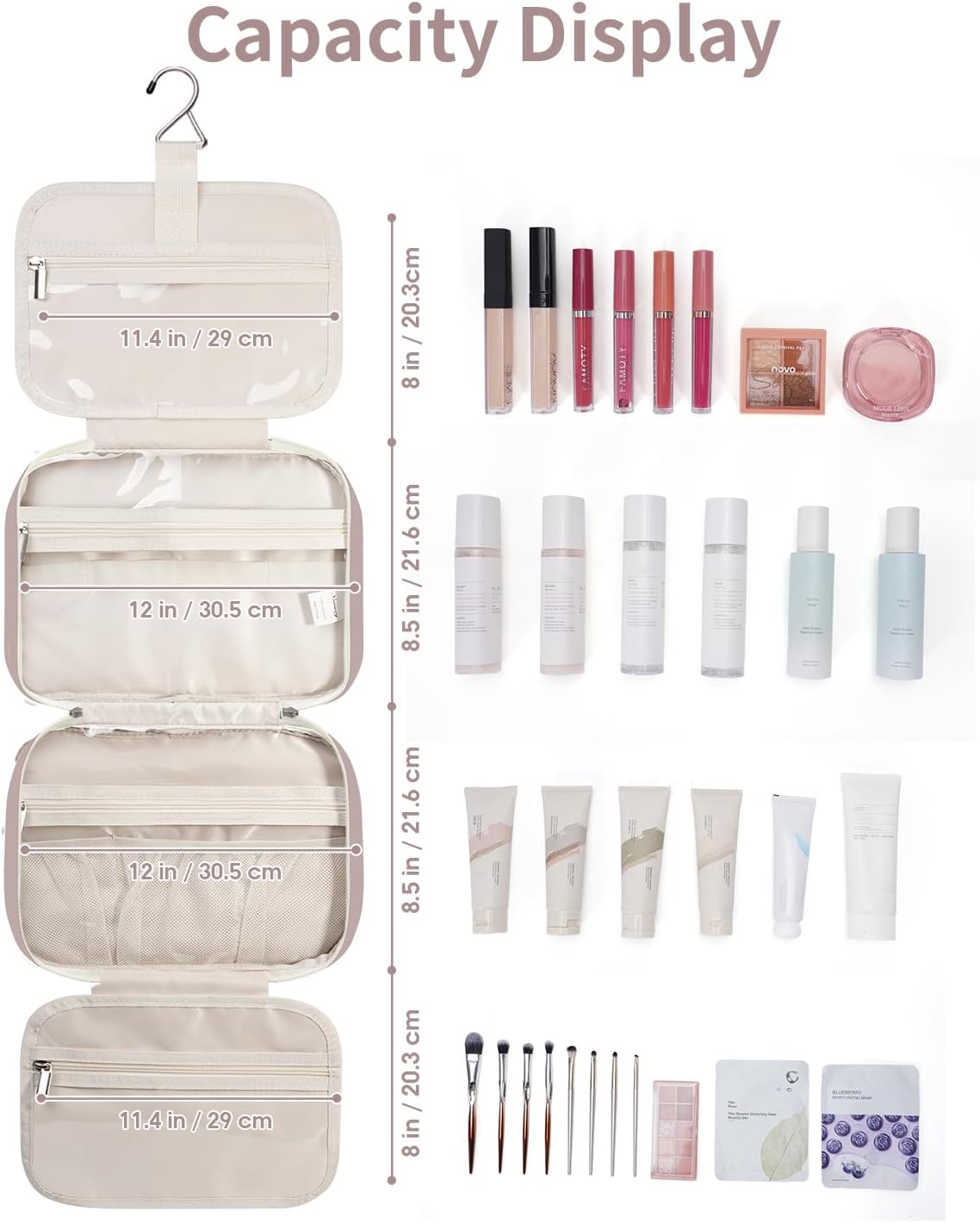 Narwey Travel Toiletry Bag for Women Large Hanging Makeup Bag Organizer Toiletries Bag for Full Size Essentials Accessories Cosmetics (Dusty Rose (Large))