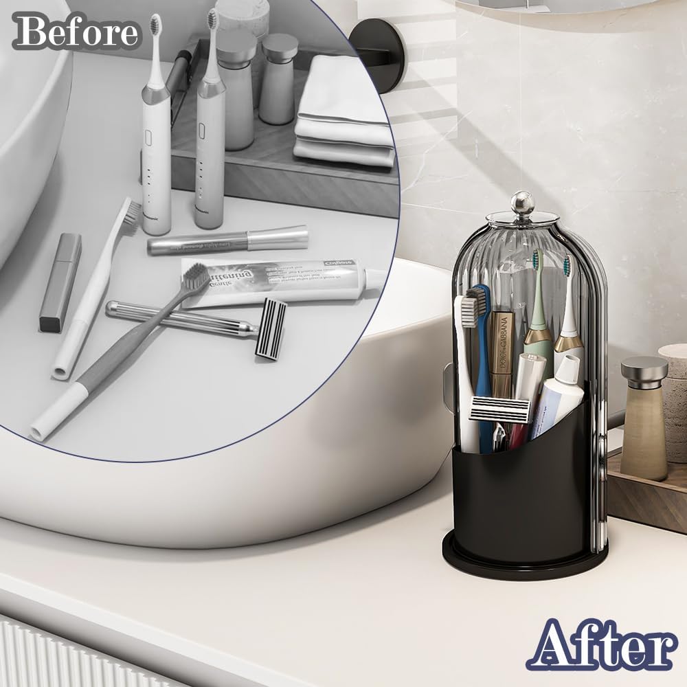 Dustproof Toothbrush Holders with Cover, Rotating Electric Toothbrush and Toothpaste Holder for Bathroom Countertop, 3 Slots Makeup Brushes Organizer, Grey Black