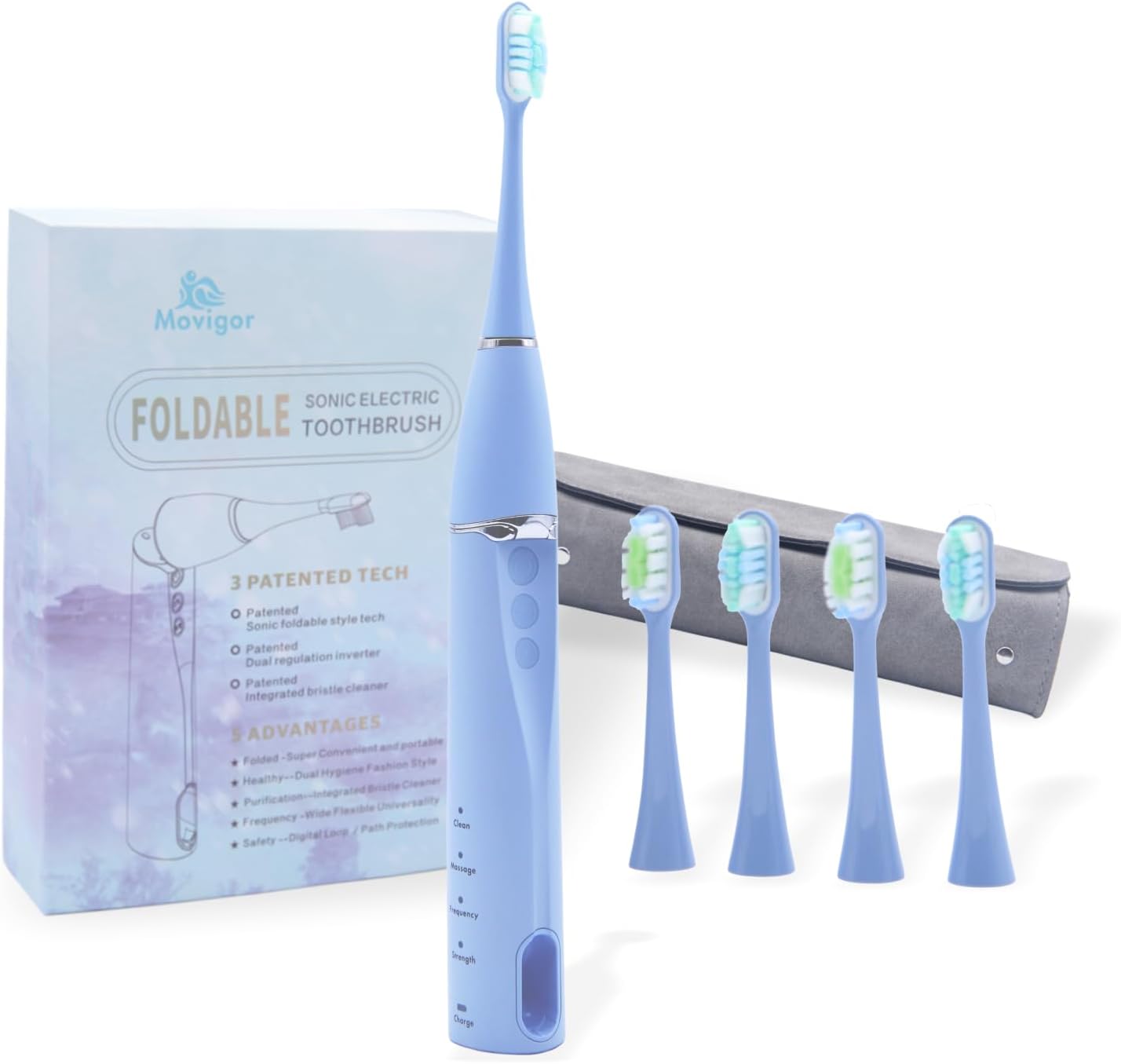 Foldable Electric Toothbrush for Adults – Dual UV Sanitization, 272 Sonic Modes, USB-C Rechargeable, 4 Brush Heads, Leather Travel Case, Portable Blue Toothbrush
