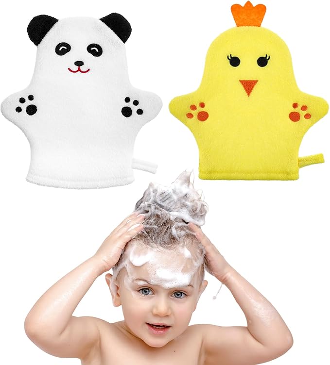 2PCS Baby Bath Mitt Washcloths Gloves Panda Chicken Toddler Soft Washcloths for Kids Designed in Cute Animal Towel Gentle Scrub for Baby Girl Boy Bath Shower