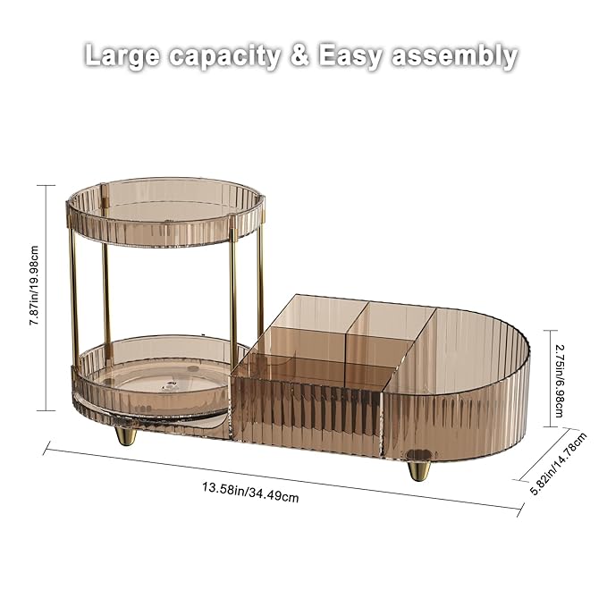 Rotating Makeup Organizer Countertop with Compartment for Vanity, Plastic Vanity Makeup Storage Organizer, 2-in-1 Desk Makeup Holders and Organizers with Perfume Tray for Cosmetics Bathroom