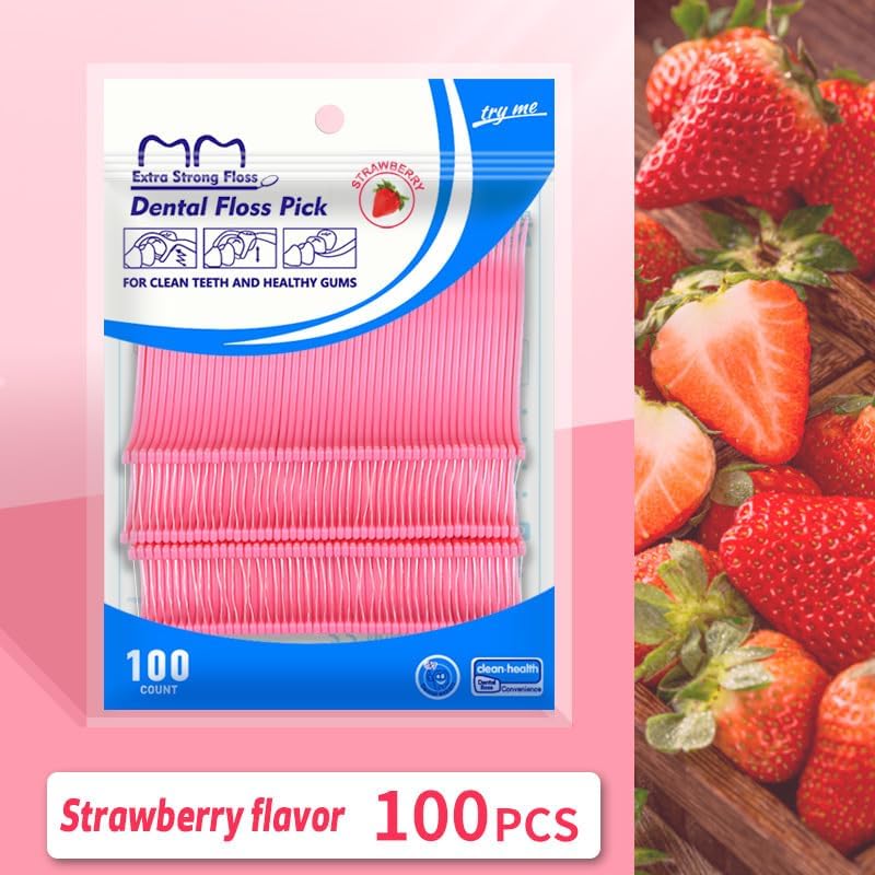 Fruit Flavored Floss，toothpicks，Cleaning Teeth，Ultra-fine Dental Floss Stick, Fight Tooth Decay and Keep Your Teeth Clean，Teeth Cleaning Tool (200 Pieces (Bagged/Single line), Mint+Strawberry Flavor)