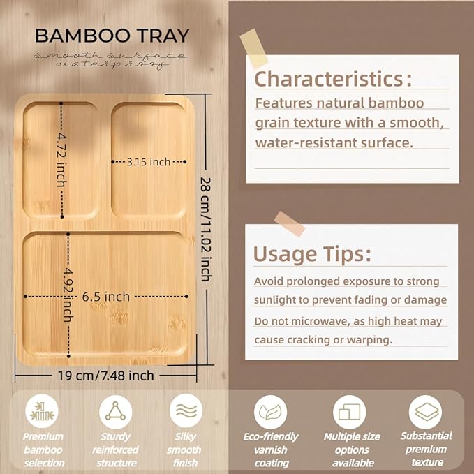 1PCS Bamboo Bathroom Trays - Suitable for The Bathroom,Kitchen,Breakfast Tray and Decorative Tray (11.02 in * 7.48 in(3 Grids))