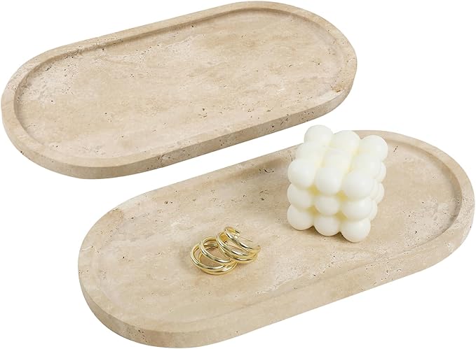 2 Pcs Travertine Tray, Oval Stone Tray for Bathroom Storage Home Decor, 12 x 6 Inch