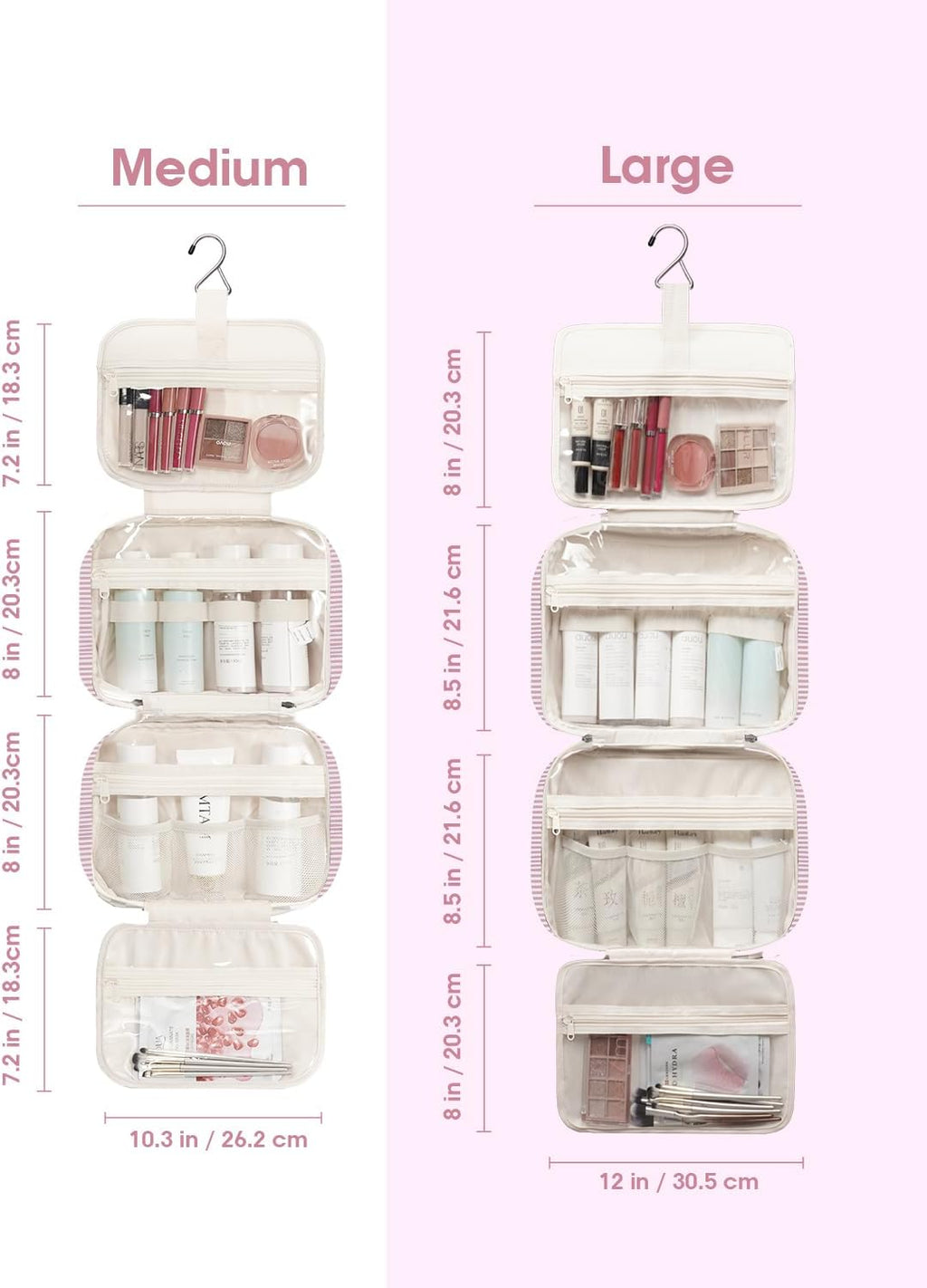 Narwey Striped Travel Toiletry Bag for Women Large Hanging Makeup Bag Organizer Toiletries Bag for Full Size Essentials Accessories Cosmetics (Dusty Pink Stripe (Large))