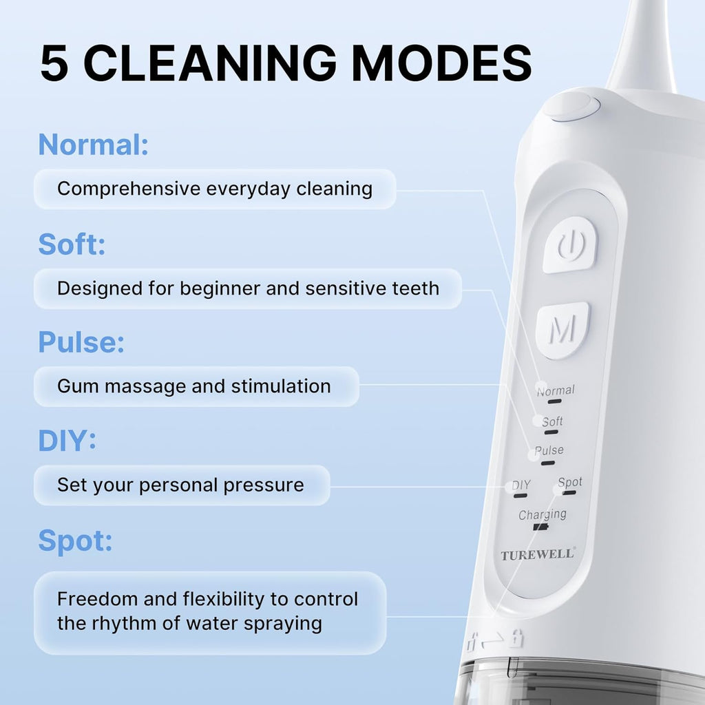 TUREWELL Water Dental Flosser for Teeth/Braces, 310 ML Portable Cordless Oral Irrigator with 5 Modes, IPX7 Waterproof Electric Water Flossing with 4 Replacement Jet Tips for Travel and Home, White