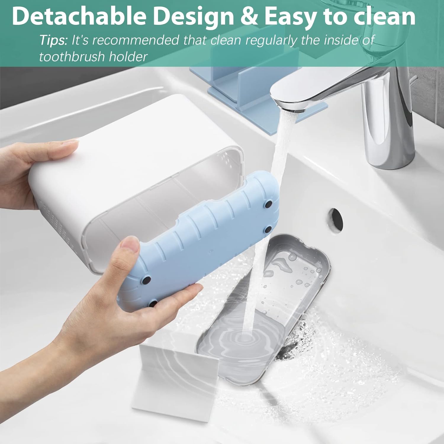 Boperzi Electric Toothbrush Holder for Bathroom Organizer Countertop, Detachable Anti-Slip Blue Toothpaste Storage Caddy 6 Slots White with Drainage Holes for Makeup Brush Razor Stand