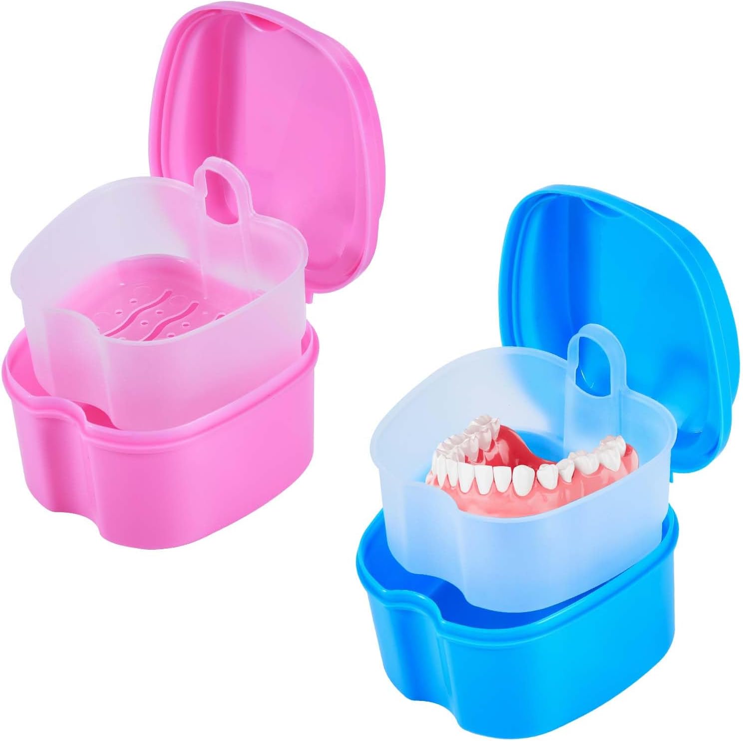 2 Pack Colors Denture Bath Case Cup Box Holder Storage Soak Container with Strainer Basket for Travel Cleaning (Light Blue and Pink)