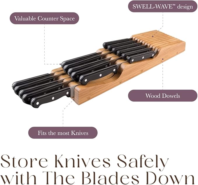 Bellemain 100% Pure Bamboo in Drawer Knife Block | 16 Knife Slots Knife Drawer Organizer | Store Knives Safely with The Blades Down | Storage Solution for Your Kitchen | Knife Organizer Drawer Insert
