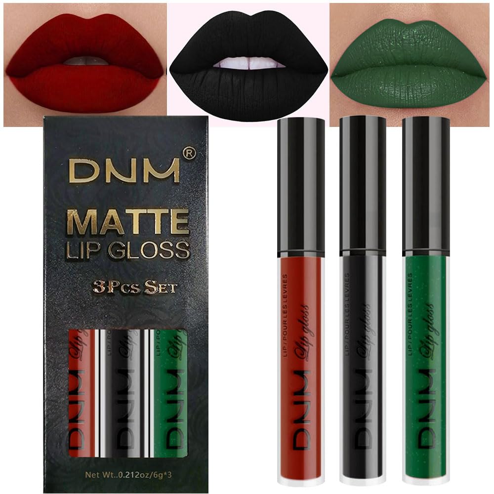 evpct 3Pcs Dark Black Emerald Green Red Matte Liquid Lipstick Lip Stain Sets for Women Matte+Lipstick Long Lasting 24 hr Hours Magic Lipstick 24 Hours original Waterproof 20#