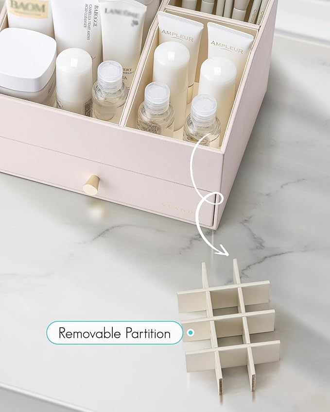 Vlando Makeup Organzier,Vanity Organizer with Drawers, PU Leather Skincare Organizer Perfume Organizer,Large Cosmetic Display Case for Lipstick,Brushes Gifts for Women-Apricot White