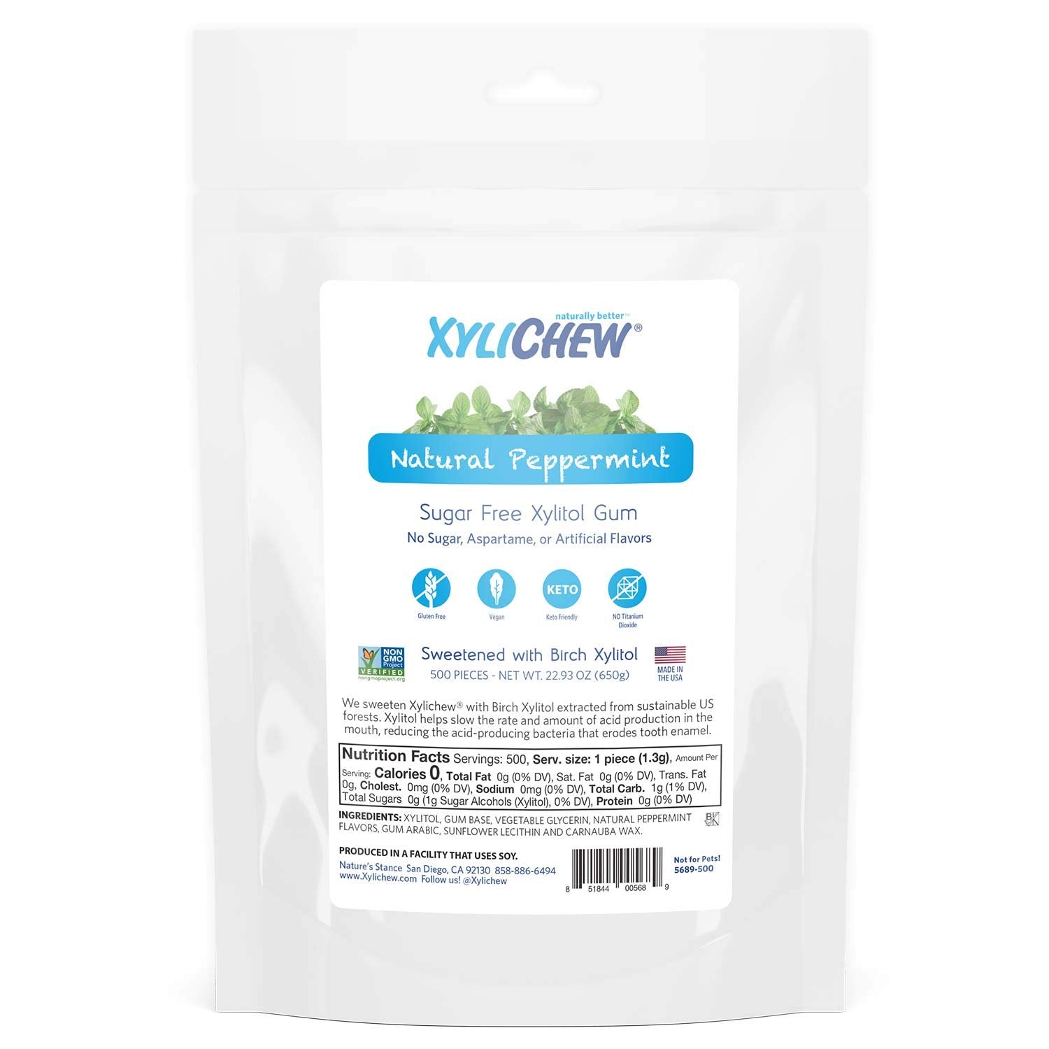 Xylichew 100% Xylitol Chewing Gum - Non GMO, Non Aspartame, Gluten Free, and Sugar Free Gum - Natural Oral Care, Relieves Bad Breath and Dry Mouth - Peppermint, 500 Count