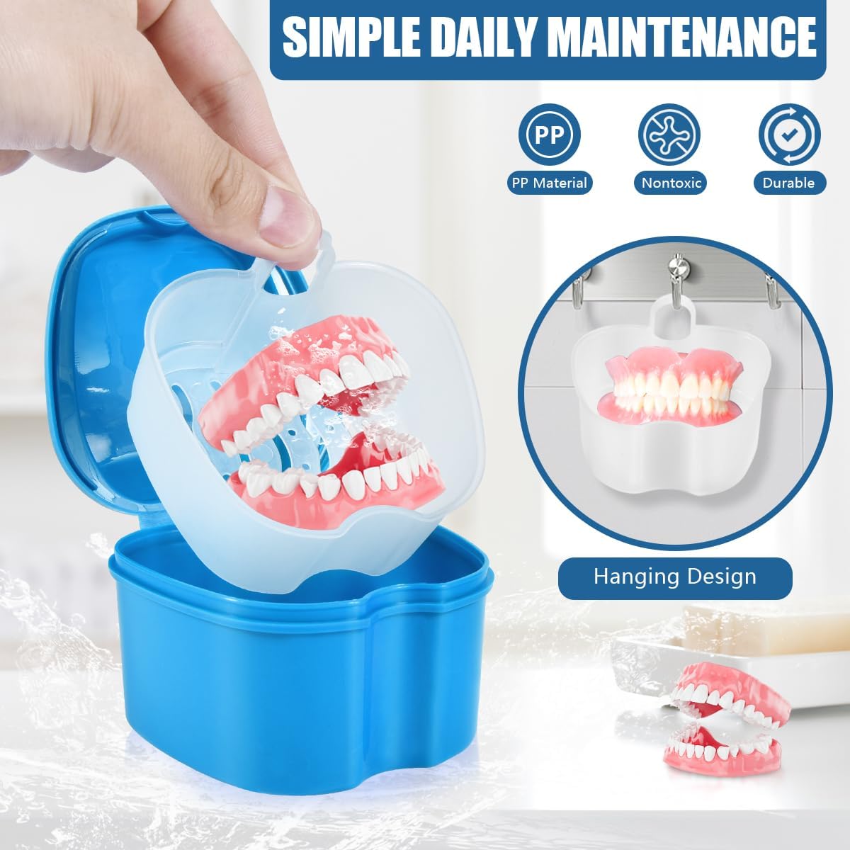 2 Pack Colors Denture Bath Case Cup Box Holder Storage Soak Container with Strainer Basket for Travel Cleaning (Light Blue and Pink)
