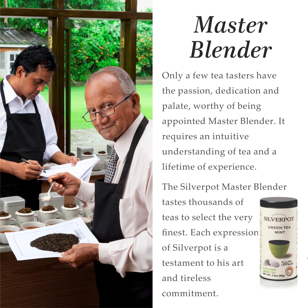 Silverpot Green Tea & Mint - 50 Round Tea Bags | 100% Natural, Peppermint | Caffeinated | Antioxidant Rich | Reusable Tin