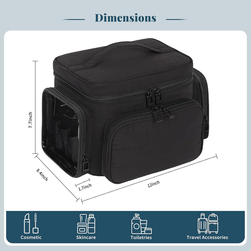 Travel Makeup Bag, Lightweight Large Makeup Bag Organizer for Women Girls with Makeup Brush Compartment & Two Side Pockets, Cosmetic Travel Bag Vertical Storage- Black02