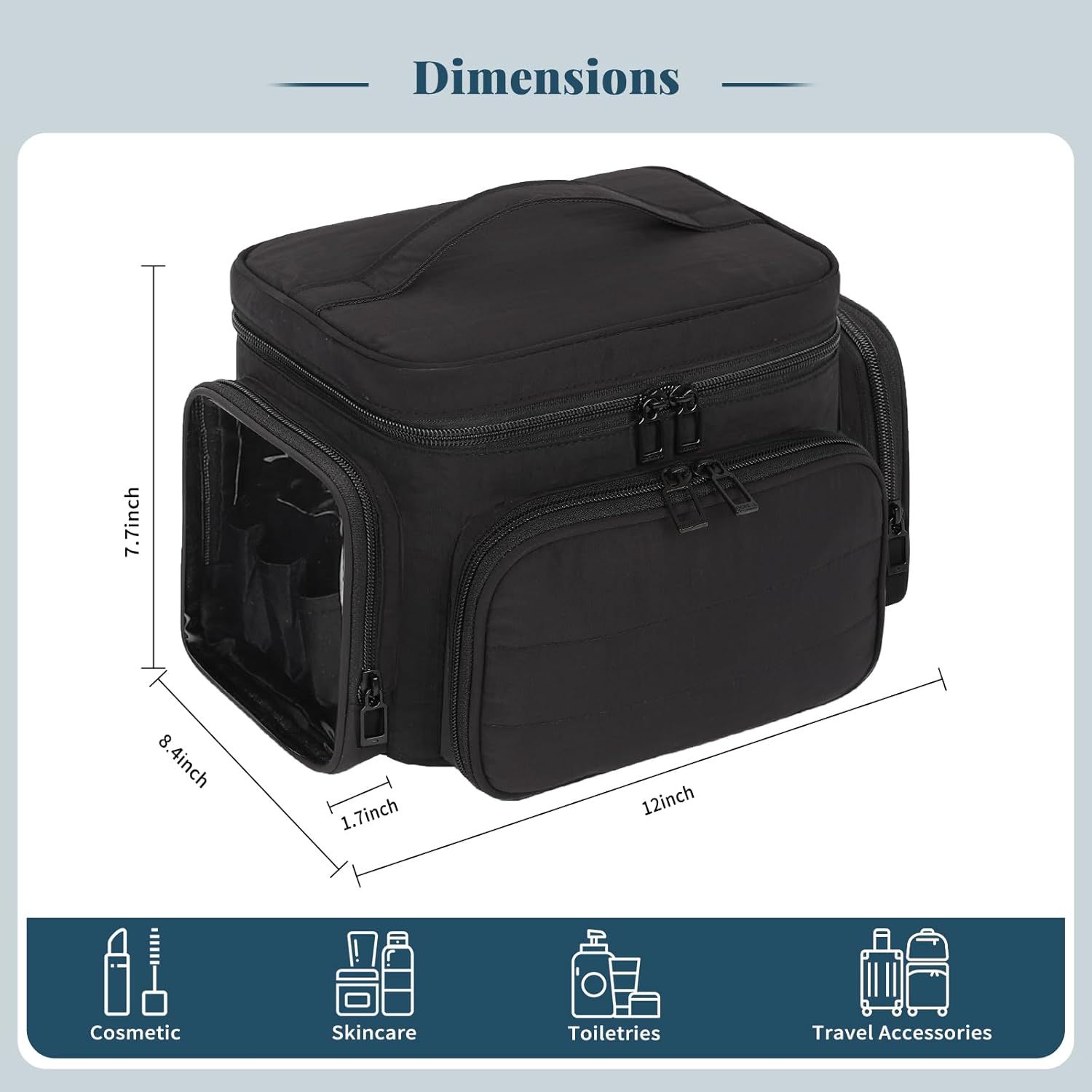 Travel Makeup Bag, Lightweight Large Makeup Bag Organizer for Women Girls with Makeup Brush Compartment & Two Side Pockets, Cosmetic Travel Bag Vertical Storage- Black02